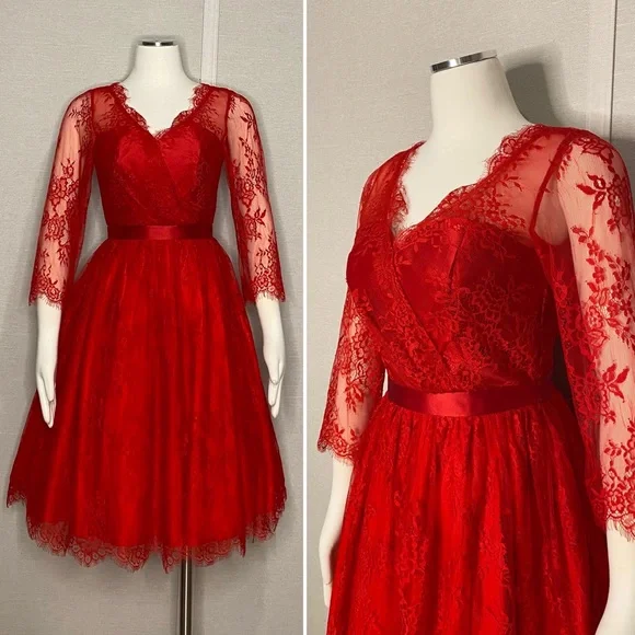 Chi Chi London | Dresses | Chi Chi London Romantic Red Lace Full Skirt Dress  | Poshmark